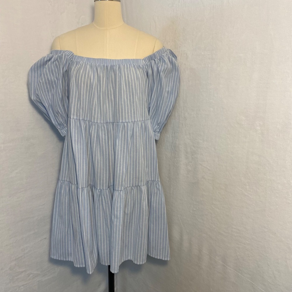 Mable Baby Blue White Striped Relaxed Fit Short Dress‎ Off Shoulder Flowy Summer
